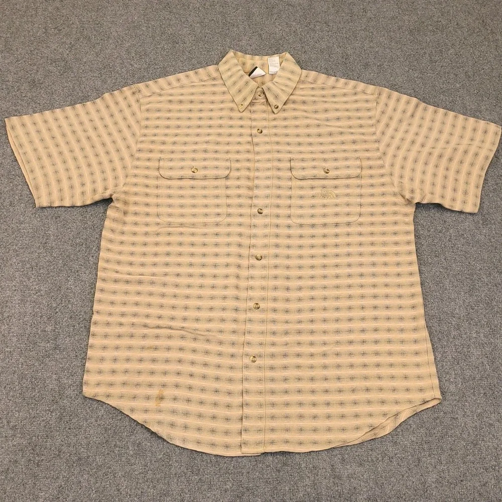 North Face Hiking‎ Shirt Men L Button Up Plaid Nylon Blend Pleated Dual Pocket